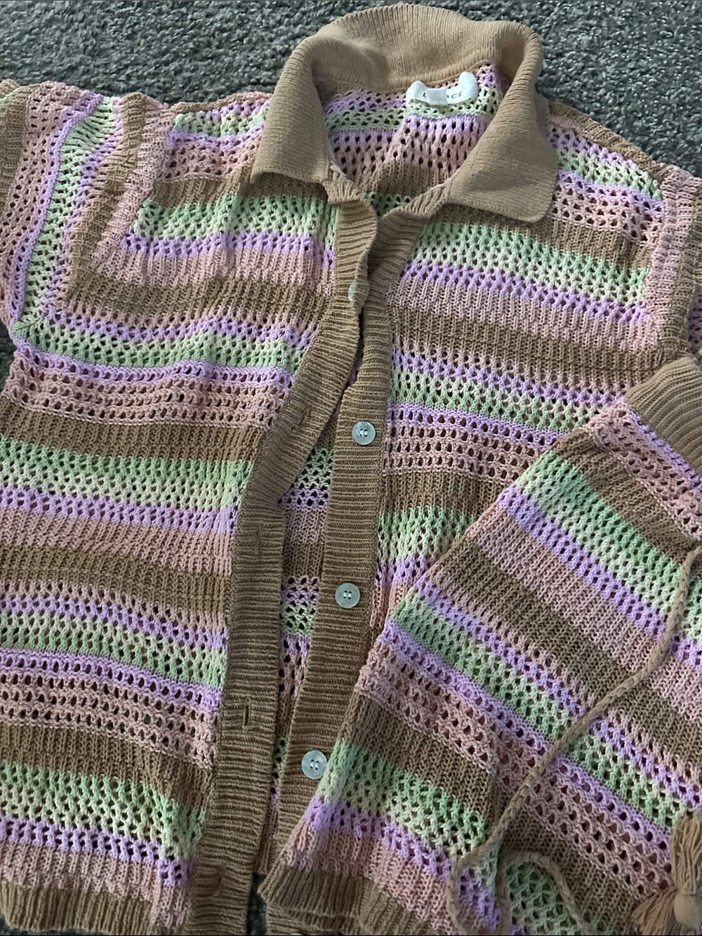 l*space Tan Crochet Button-Down Top & Skirt Set with Pastel Stripes - Picture 3 of 3